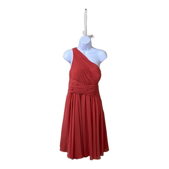Bari Jay Dresses & Skirts - Bari Jay apricot colored, 1 shoulder dress. Ruching at top and waist. Size 14